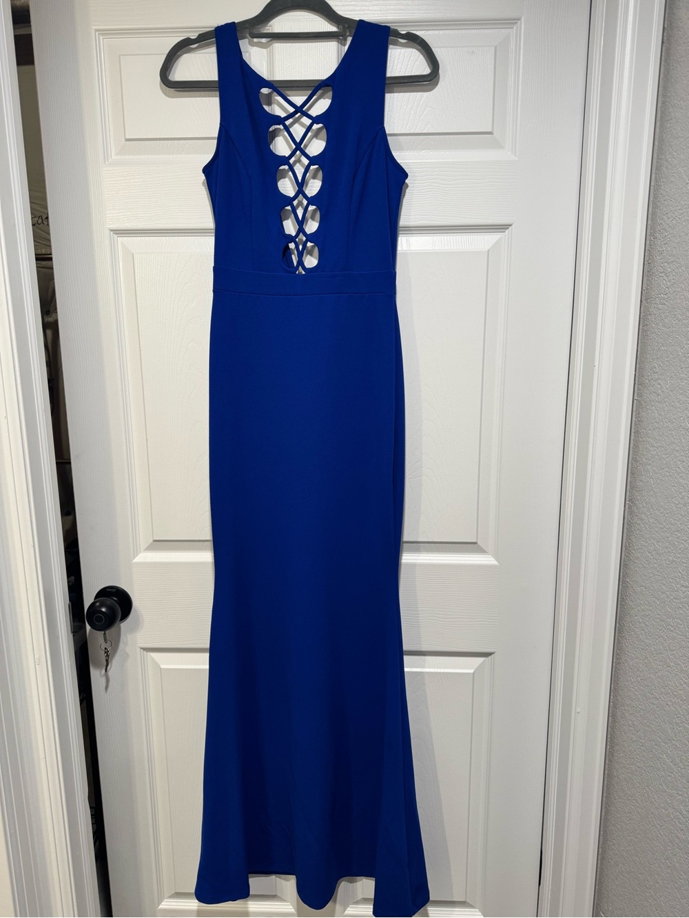 Women’s Royal Blue Sleeveless Evening Gown with Lattice Front